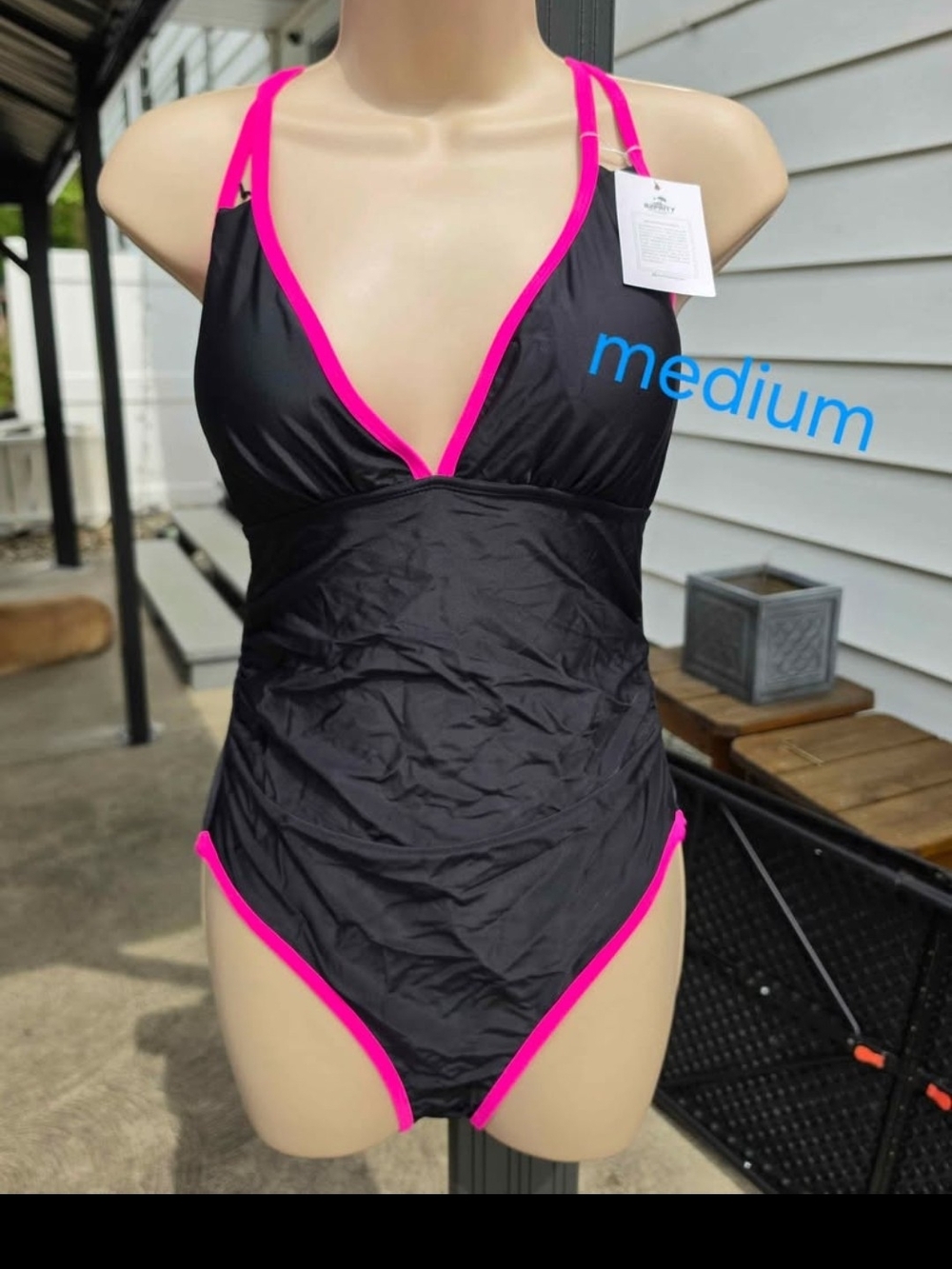 Medium Women’s Black One-Piece Swimsuit with Hot Pink Trim